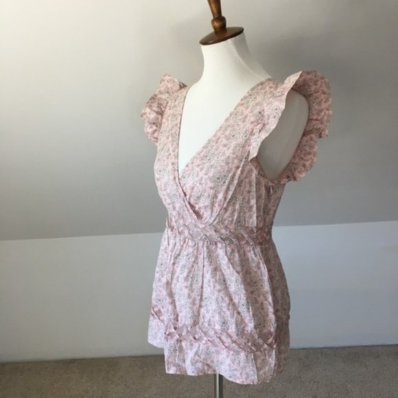 Anthropologie Butterfly Sleeve Cinched Waist Lattice Ruffled Top - Picture 1 of 5